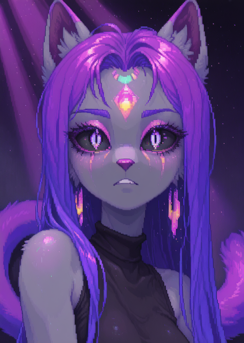 kalei , close up,portrait,1girl, solo, anthro, slender build, long flowing purple hair, large bushy purple tail, gray fur, darker gray limbs, narrow sharp eyes, intense expression, black sleeveless top, sleek and stylish design,
 pastel pixel art, soft neon glow, dreamy aesthetic, iridescent highlights, vaporwave fantasy, ethereal colors, retro pixel style, gentle pixel shading, luminous reflections
,<lora:Pastel_Pixel_Art_r1:1>, <lora:dreamkeepers_kalei_illus:0.8> ,
vibrant, light particles, light rays, dust particles, directional light, detailed background, ambient occlusion, (scenery:1.2, volumetric lighting) distant bright light source ,masterpiece,best quality,amazing quality,