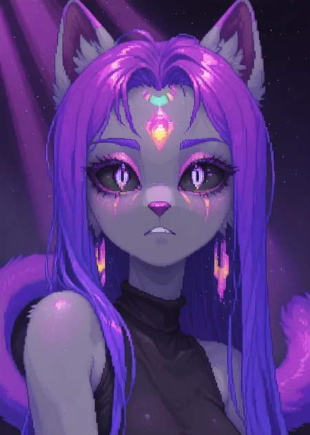 kalei , close up,portrait,1girl, solo, anthro, slender build, long flowing purple hair, large bushy purple tail, gray fur, darker gray limbs, narrow sharp eyes, intense expression, black sleeveless top, sleek and stylish design,
 pastel pixel art, soft neon glow, dreamy aesthetic, iridescent highlights, vaporwave fantasy, ethereal colors, retro pixel style, gentle pixel shading, luminous reflections
,<lora:Pastel_Pixel_Art_r1:1>, <lora:dreamkeepers_kalei_illus:0.8> ,
vibrant, light particles, light rays, dust particles, directional light, detailed background, ambient occlusion, (scenery:1.2, volumetric lighting) distant bright light source ,masterpiece,best quality,amazing quality,