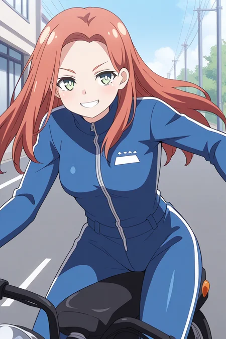 1girl, solo, kyoukolylustea, red hair, parted bangs, long hair, green eyes, white pupils, bright pupils, medium breasts, blue jumpsuit, riding motorbike, street, grin, smile, morning