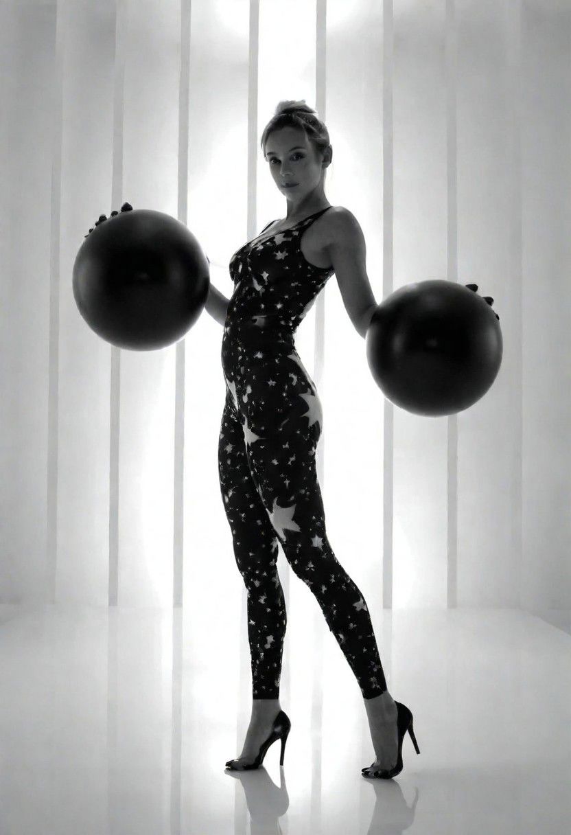 ziprealism, focus, 1woman, black and white, full body pose, spheres, soft lighting