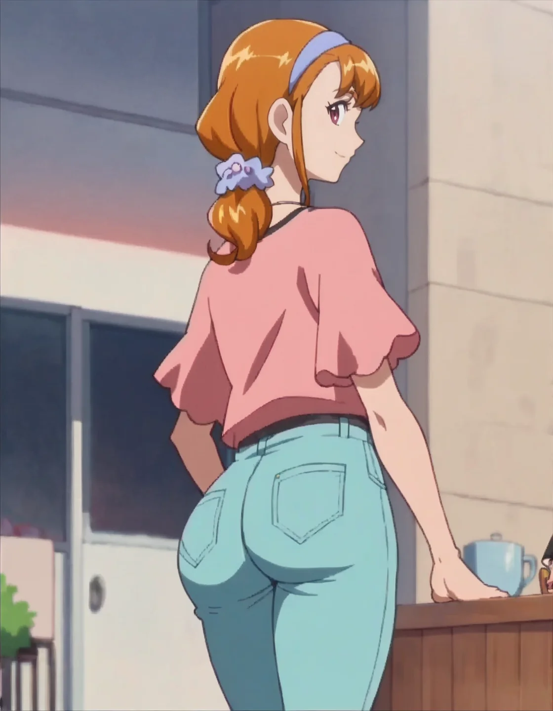 score_9, score_8_up, score_7_up, anime screencap, solo,1girl,asahinakyouko, hairband,necklace, jewelry, pants, smile, shirt, looking at viewer, pink shirt, short sleeves,cowboy shot,from behind,bent,huge ass,<lora:asahinakyouko:0.8>
