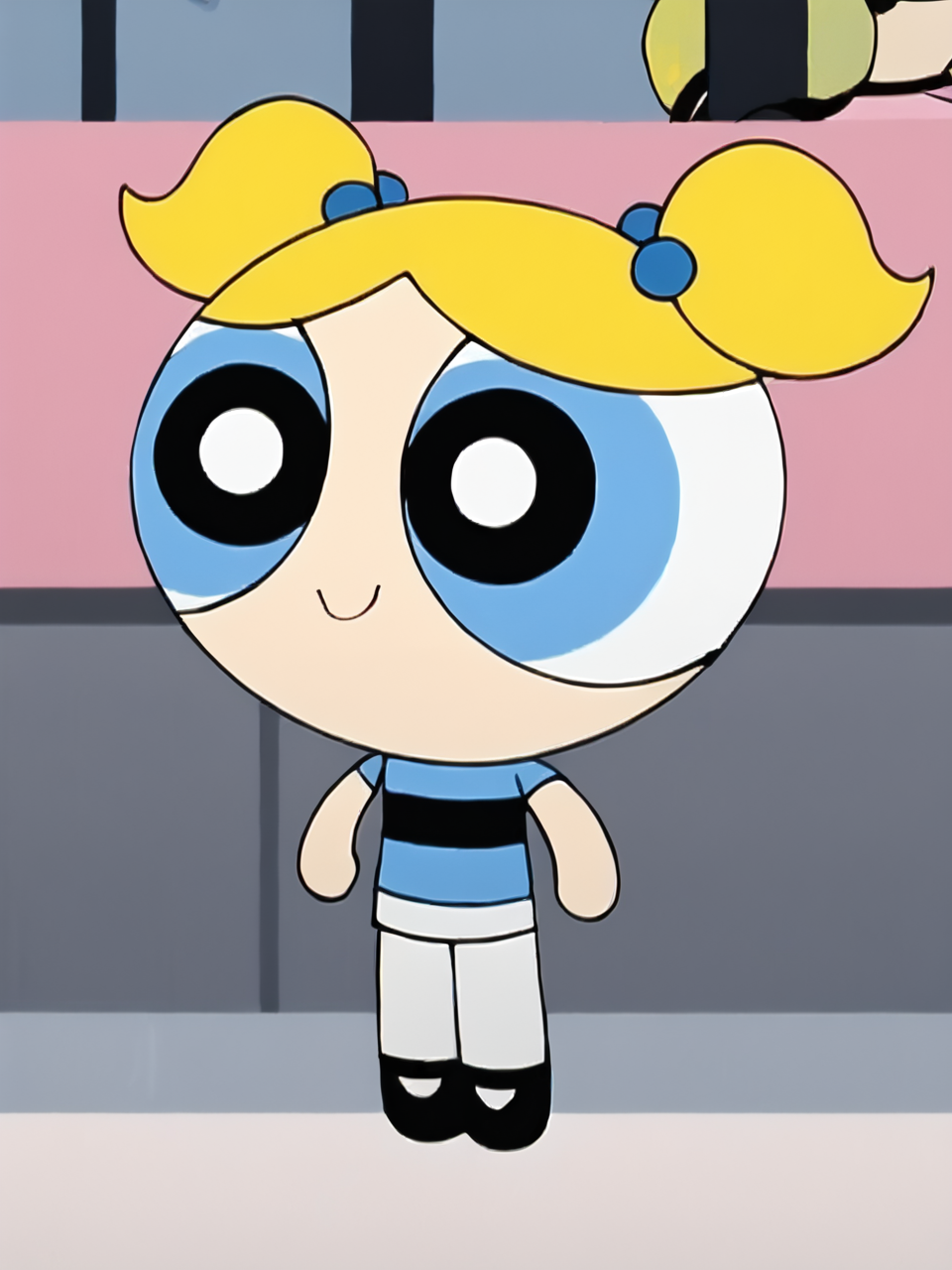 score_9, score_8_up, score_7_up,  score_6_up, BREAK, PowBubbl3s, 1girl, solo, chibi, blonde hair, twintails, blue shirt, striped shirt , white pantyhose, black footwear, <lora:Bubbles:1>