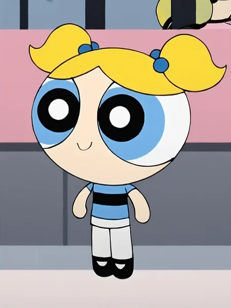 score_9, score_8_up, score_7_up, score_6_up, BREAK, PowBubbl3s, 1girl, solo, chibi, blonde hair, twintails, blue shirt, striped shirt , white pantyhose, black footwear, <lora:Bubbles:1>