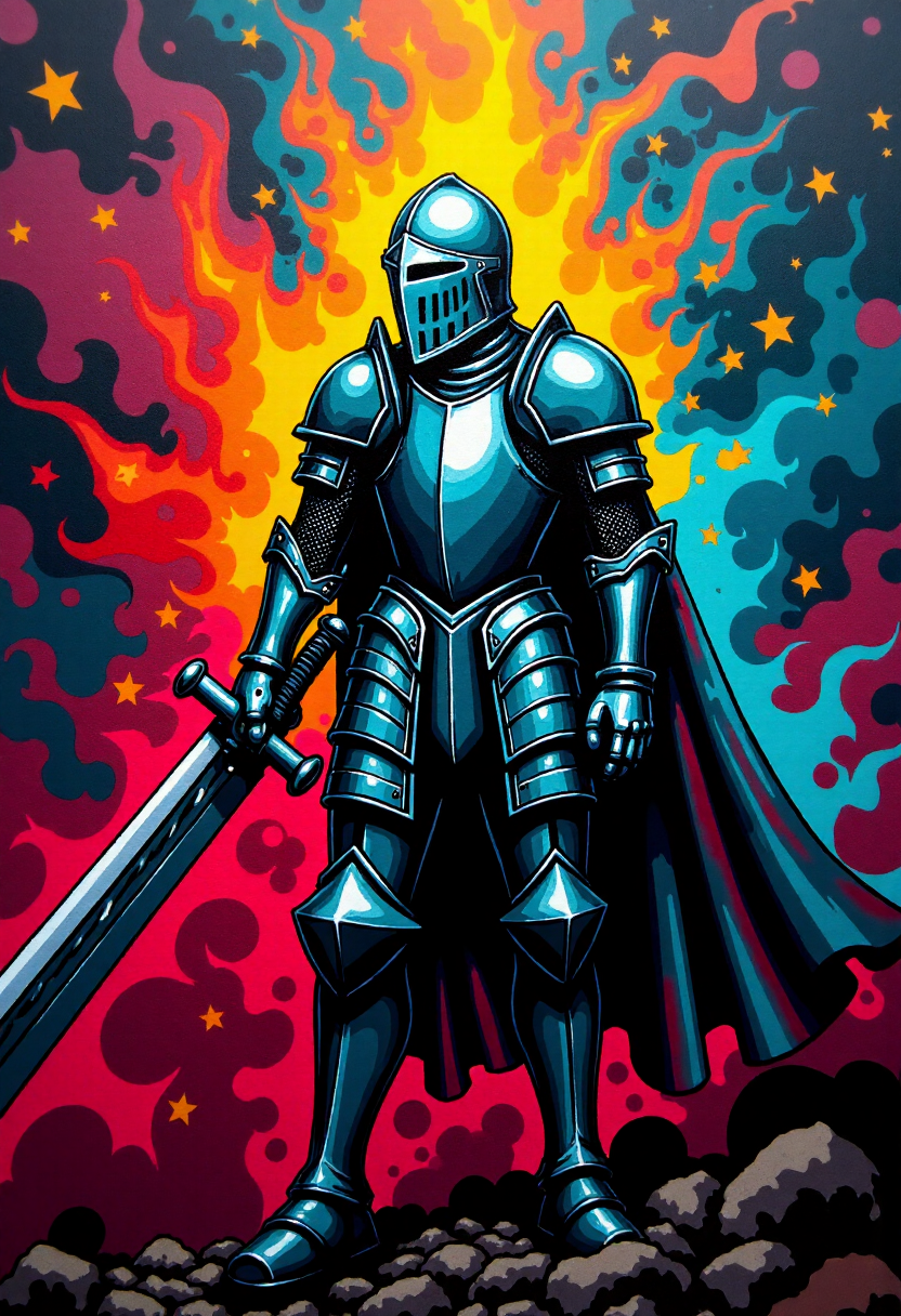 <lora:Graffiti_Characters2_FLUX-000011 (1):0.9>
This is a vibrant, stylized digital drawing set against a dramatic, abstract background, of a  a knight in full armor wielding a large sword
