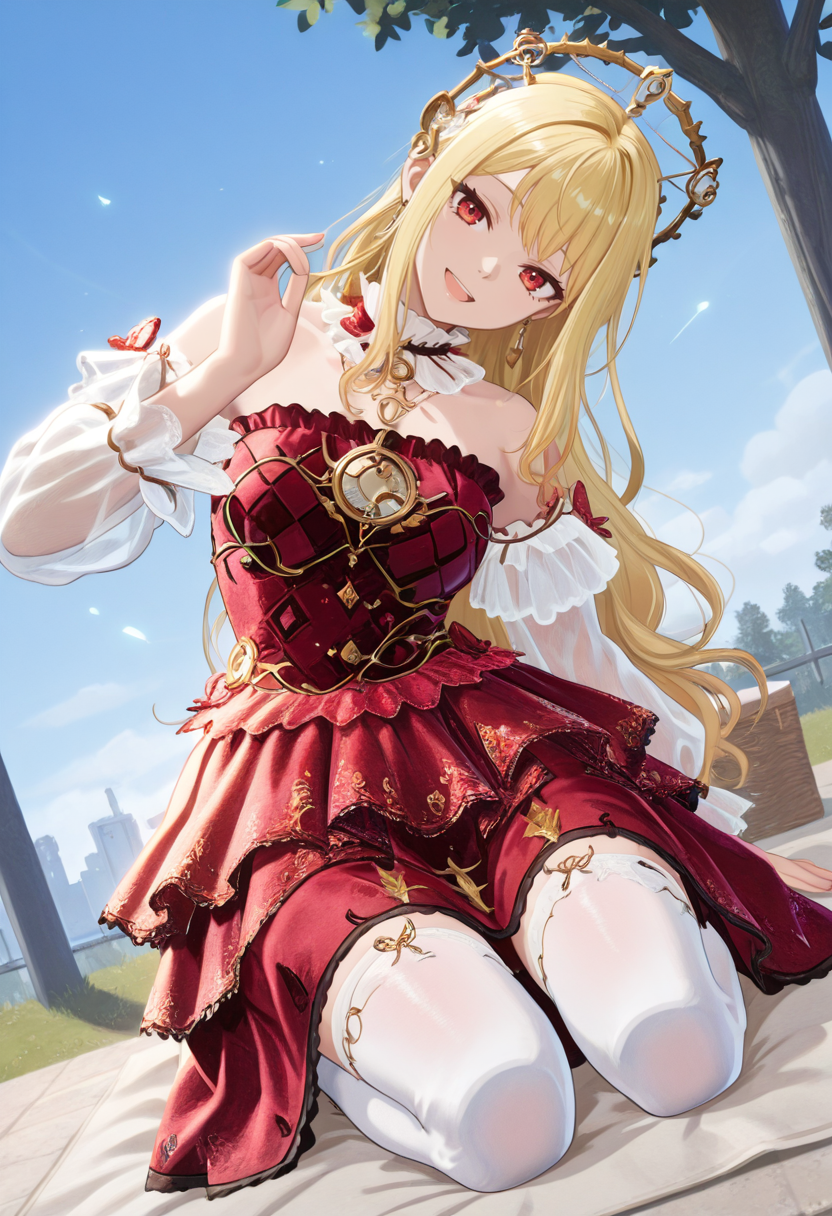 1girl, solo, anime coloring, anime artwork, unholy-aesthetic, masterpiece, best quality, newest, absurdres, highres, safe, CG, cinematic lighting, natural shadow, highest detail, detailed background, intricate scenery, depth of field, insane details, intricate, subsurface scattering, very aesthetic, serene atmosphere, artistic rendering, dramatic contrast, luminous elements, soft painterly texture, striking visual design, finely detailed face, beautiful face, (dutch angle, cinematic angle:3), looking at viewer, safe, sfw, intricate scenery, architecture,
garden, tree,
day, blue sky, clouds, bird, under tree,
cake, happy smile,
seated, (seiza:2.0), on picnic blanket, seiza, leaning to the side, arm support,
picnic, picnic blanket, picnic basket,
<lora:kaelaIL:0.55> kaelaIL, long hair, red eyes, blonde hair, tsurime, half open mouth,
<lora:wishfulaurosaXLNAI:1.4> wishful aurosa,dress,earrings,see-through sleeves,detached sleeves,strapless dress,dress flower,(white thighhighs:3),print thighhighs,frilled dress,see-through dress, red dress, (white color on upper part of the dress:2), white sleeves, red skirt top, white skirt bottom