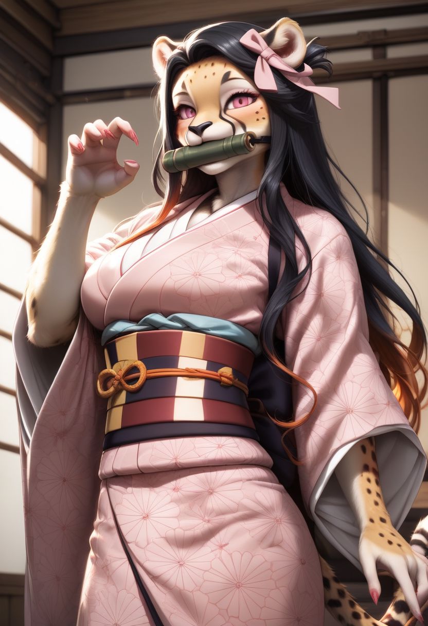 score_9, score_8_up, score_7_up, source_furry, beautiful female cheetah, furry ,1 girl(cheetah), middle breasts,detailed face,kind look, bit gag, gag, japanese clothes, long hair, kimono, pink kimono, black hair, bamboo,  claw pose, pink eyes, solo, ribbon, asa no ha (pattern), haori, red nails, hair ribbon, checkered sash, sash, obi, fingernails, gagged, sharp fingernails, mouth hold, pink nails, pink ribbon, hc, ,castle room background(night,dark),Furry antro Cheetah dressed like  Nezuko, solo