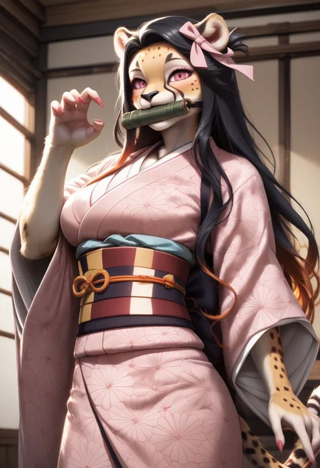 score_9, score_8_up, score_7_up, source_furry, beautiful female cheetah, furry ,1 girl(cheetah), middle breasts,detailed face,kind look, bit gag, gag, japanese clothes, long hair, kimono, pink kimono, black hair, bamboo,  claw pose, pink eyes, solo, ribbon, asa no ha (pattern), haori, red nails, hair ribbon, checkered sash, sash, obi, fingernails, gagged, sharp fingernails, mouth hold, pink nails, pink ribbon, hc, ,castle room background(night,dark),Furry antro Cheetah dressed like  Nezuko, solo