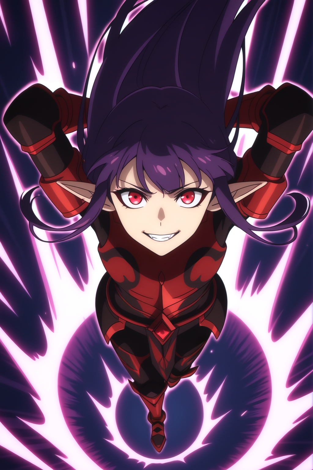 <lora:EsilRadiru:0.8> Esil Radiru, masterpiece, best quality, purple hair, long straight hair, red eyes, pointed ears, fangs, pale skin, red and black armor, confident smirk, looking up at viewer, from above, aerial view, dynamic angle, arms behind head, lying pose, purple magical aura, dark background, purple energy effects, dramatic lighting, high contrast, sharp focus, anime style, high detail, clean lines, detailed armor, gold trim, turquoise gem, full body shot, glowing eyes, evil smile, floating hair, dynamic pose, foreshortening