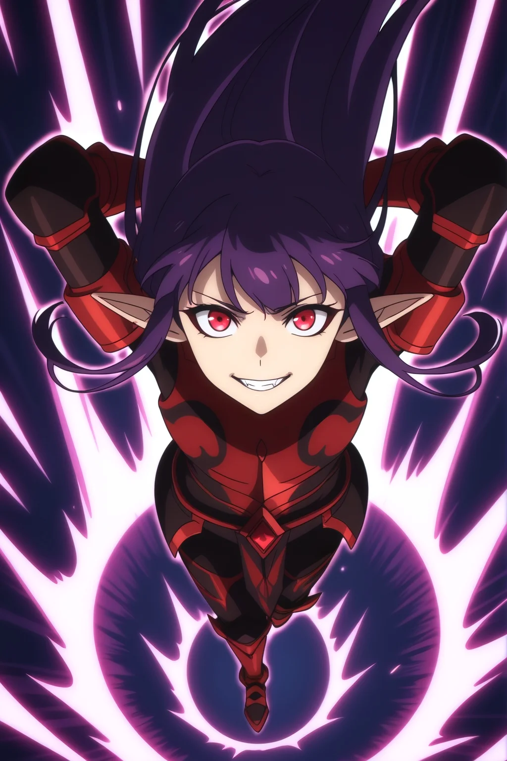 <lora:EsilRadiru:0.8> Esil Radiru, masterpiece, best quality, purple hair, long straight hair, red eyes, pointed ears, fangs, pale skin, red and black armor, confident smirk, looking up at viewer, from above, aerial view, dynamic angle, arms behind head, lying pose, purple magical aura, dark background, purple energy effects, dramatic lighting, high contrast, sharp focus, anime style, high detail, clean lines, detailed armor, gold trim, turquoise gem, full body shot, glowing eyes, evil smile, floating hair, dynamic pose, foreshortening