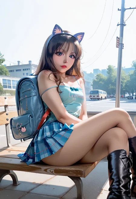 score_9, score_8_up, score_7_up, score_6_up, amateur, photo, 2000s nostalgia , flash, pov, 1girl, cat ears, spaghetti strap tank top, bare shoulders, plaid skirt, thigh high boots, fishnet stockings, backpack, legs crossed, sitting on a bench, bus stop, thigh focus
BREAK
Dramatic angle, unique perspective, unique angle