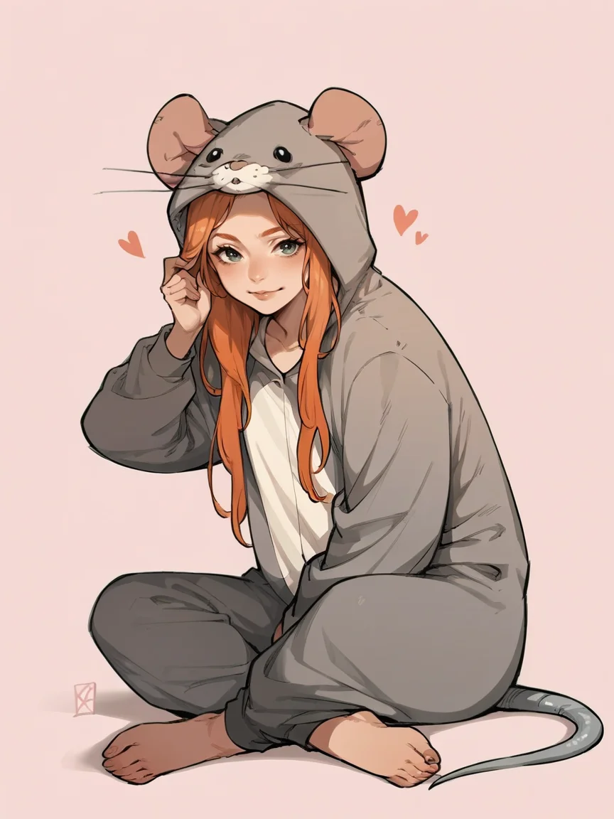 score_9, score_8_up, score_7_up, score_6_up, score_5_up, <lora:ratonsieXLP3:1> rat onsie, barefoot, animal costume, tail, 1girl, ginger hair, sitting, heart, pink background,