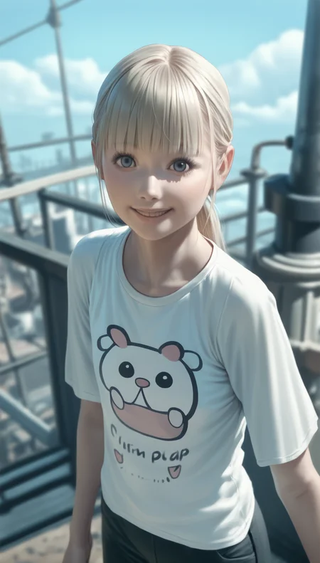score_9,score_8_up,score_7_up,
<lora:Leanne:0.9>,
highres,photorealism,
1girl,solo,blonde hair,long hair,(blunt bangs:0.9),ponytail,
blue eyes,looking at viewer,smile,
white long sleeve shirt,animal print,black cropped pants,
upper body,from above,
outdoors,sky,airscape,steampunk,building,