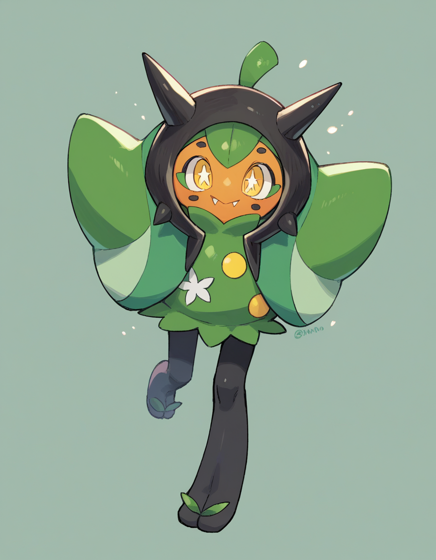 zPDXL, score_9, score_8_up, score_7_up, source_anime, 1girl, solo, 
 <lora:Ogerpon_v2:0.8> ogerpon, pokemon \(creature\), yellow eyes, green poncho,