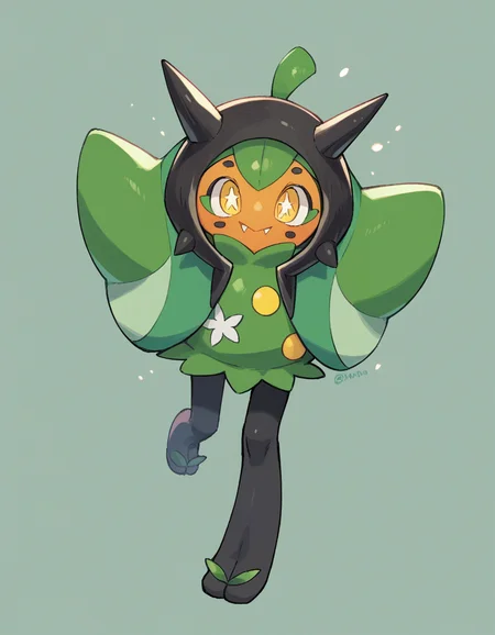 zPDXL, score_9, score_8_up, score_7_up, source_anime, 1girl, solo,
<lora:Ogerpon_v2:0.8> ogerpon, pokemon \(creature\), yellow eyes, green poncho,