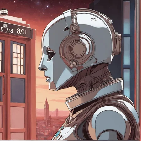 A frame from the show Doctor Who featuring a cyberman Lofi girl <lora:SDXL-LofiGirl-Lora:1>, Very detailed, clean, high quality, sharp image