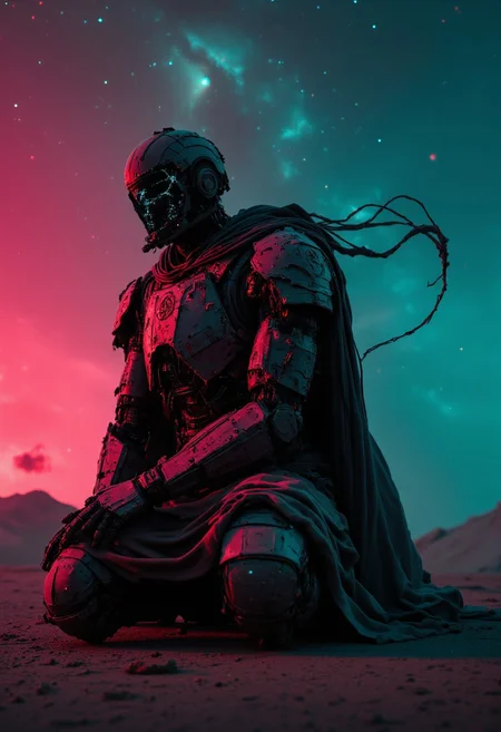 A desolate robotic soldier, a broken remnant of war, kneels in solemn silence. His once-mighty armor, now corroded and shattered, clings to his hulking frame—fragments of reinforced plating barely holding together, revealing exposed circuitry that flickers like dying embers. The faded insignia of a forgotten army is etched into his chest, scarred by battle, his tattered synthetic cloak draping over his massive shoulders like the last vestige of honor.
His face, a fractured metal mask with deep cracks, stares skyward, its hollow optics dimly glowing—one eye flickering weakly, the other shattered, leaking faint electric arcs.
The world around him is bathed in dystopian atmospheric light—an eerie blend of neon pinks, blues, and greens illuminating the cracked asphalt beneath him, glitching and flickering like a failing reality. The air hums with digital distortion, broken transmissions of long-dead comrades echoing in the void. The background stretches infinitely into the cosmic unknown—swirling galaxies and neon storms merging into a tapestry of forgotten time.
Shadows engulf his form, contrasting starkly against bleached red highlights that cut through the deep greys and blacks, casting a haunting glow over his fractured frame. The perspective, slightly below, amplifies his solemn presence—a warrior lost to time, kneeling before an empty sky, waiting for orders that will never come.