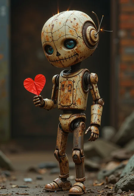 a little girl robot with traces of rust, a broken right arm, a damaged body, in the cracks you can see electric sparks, and lively human blue eyes. She stands limping on her right leg and with an expression of naive sincere joy on her face, she hands the viewer a Valentine in the shape of a heart made of newspaper. Against the background of a slum in the factory district of London.