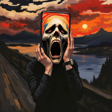 standing full body, screaming head shaped like, latest smartphone, hands holding side of head, smartphone displays face of, The Scream, wearing smartwatch
BREAK
infinite scream passing through nature, surrealist tempera painting brushstrokes, agonized face, iconic art symbolizing anxiety of the human condition
BREAK
One evening I was walking along a path, the city was on one side and the fjord below. I felt tired and ill. I stopped and looked out over the fjord, sun setting, and the clouds turning blood red. I sensed a scream passing through nature; it seemed to me that I heard the scream. I painted this picture, painted the clouds as actual blood. The color shrieked. This became The Scream