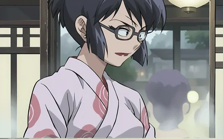 an image of rin sawamura,bath,fog,rin sawamura with glasses and a kimono is standing in front of another woman who has her arms behind her back while she looks at the camera,anime <lora:RinSawamura_pony_join77:1>, score_9, score_8_up, rating_safe,general