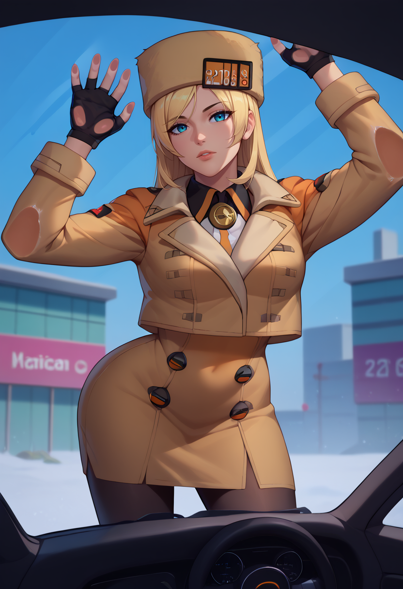 score_9, score_8_up, score_7_up, BREAK,  <lora:povagainstcar-guy-PONYv1:1>, povagainstcar, against glass, 1girl, solo,  <lora:ggstrive_milliarage_ponyXL:1> strivemillia, fur hat, brown coat, jacket, long sleeves, fingerless gloves, black pantyhose, head tilt,