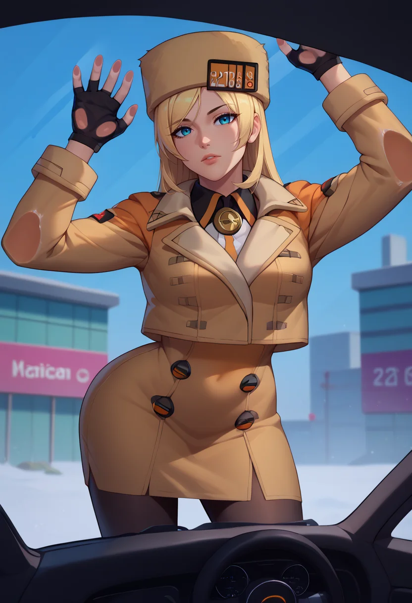 score_9, score_8_up, score_7_up, BREAK, <lora:povagainstcar-guy-PONYv1:1>, povagainstcar, against glass, 1girl, solo, <lora:ggstrive_milliarage_ponyXL:1> strivemillia, fur hat, brown coat, jacket, long sleeves, fingerless gloves, black pantyhose, head tilt,