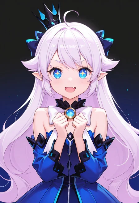 (masterpiece, best quality, highres, very aesthetic, very awa), (artist:ask_(askzy)),(artist:icwine:0.8),(artist:mignon:0.7),(artist:hwansang:0.8), 1 girl, Lubase, ElsLuBase, white hair, long hair, blue eyes, lu eyes, + +, pointy ears, mini crown, LuBase bow, LuBase dress, detached sleeves, lubase sleeves, close up, looking at viewer,open mouth, smile, fang