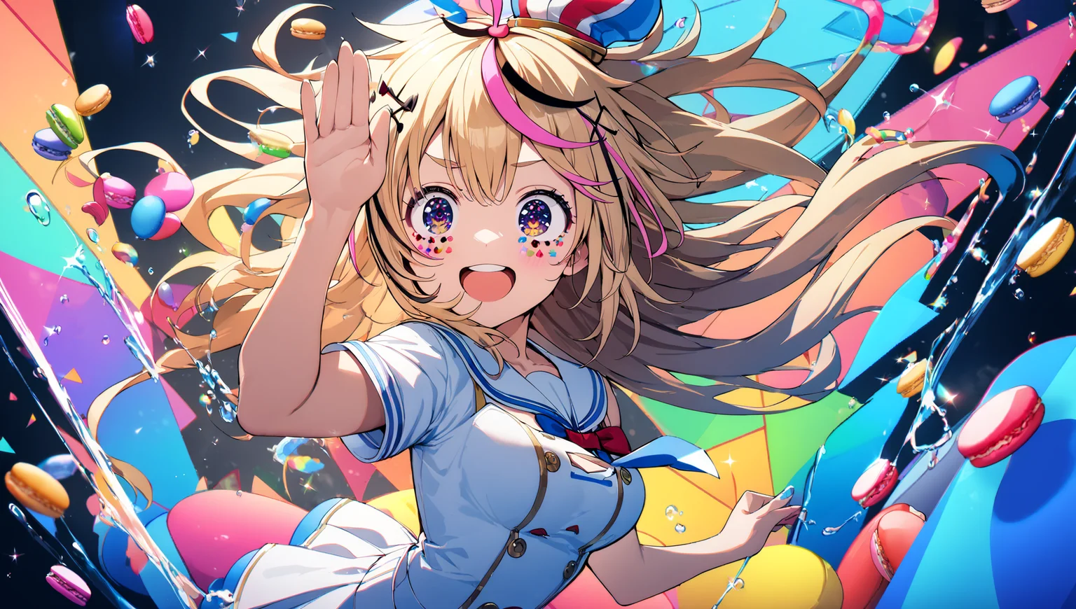 1girl, omaru polka, hololive, masterpiece, best quality, very aesthetic, absurdres, desktop wallpaper, professional illustration, white sailor suit, (jumping rabbit pose:0.8), (smiling:0.7), water splash, strong wind blows hair, sakura petals, (colorful shapes background), intricate detail, multiple colorful (macarons | jelly beans), sparkly eyes, <lora:add-detail-xl:1>