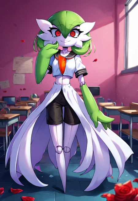 (((gardevoir))), female, anthro, pale white skin, score_9, score_8_up, score_7_up, source anime, , background, fancy school, classroom,, crazy, yandere, looking at viewer, depth of field, highly detailed, , green hair, red eyes, short hair with long locks, crazy eyes, Living Doll, looking at viewer, solo, cowboy shot, full body, horror, roses, black shorts, sailor shirt, doll, joints, bowing, smile, detailed eyes, cute face,, (Masterpiece), (expressive eyes),