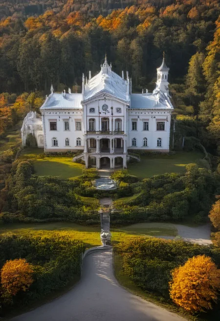award winning photography of a white manor in Autumn forest build by Friedrich August Stüler, Baroque/Rococo garden creates the most beautiful surrounding, professional photography, 8k ultra high detailed