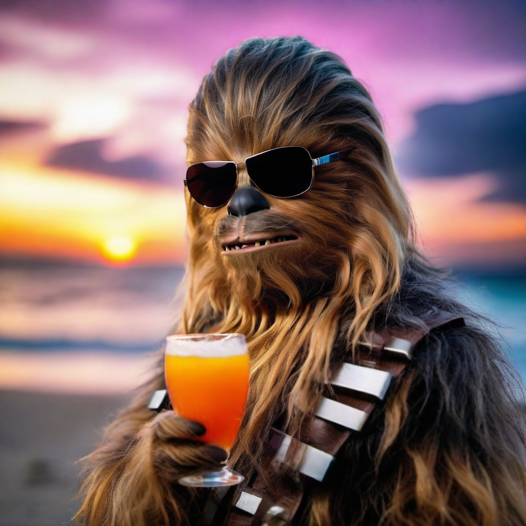 Chewbacca1024,wears sunglasses, sunset, beach, hold a cocktail, detailed eyes, highly detailed, photography, ultra sharp, film, bokeh, professional, 4k  <lora:Chewbacca1024:0.8>