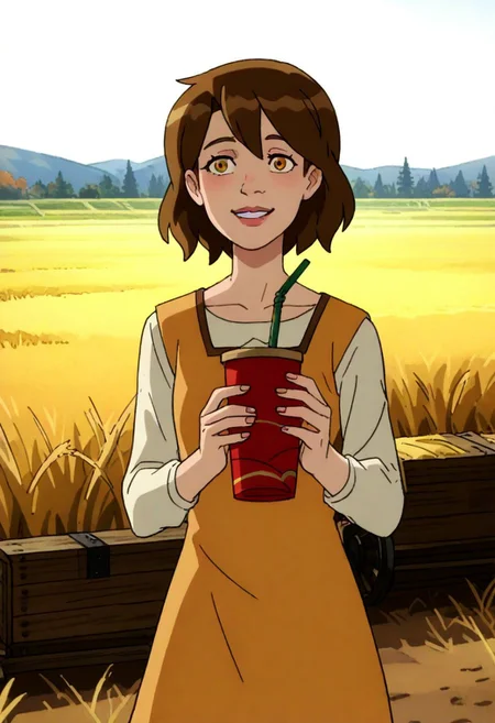 A charming rural illustration showcasing a bright and lively countryside scene. . To the left stands a young girl, depicted with medium-length, wavy brown hair, wearing a simple orange dress. She holds a stick with a red leaf attached, interacting playfully with the grass. Her facial expression is cheerful, reflecting a sense of joy and connection with the animals.
The background is characterized by rolling fields of golden rice paddies on the right and neatly stacked straw bundles on the left, signifying the harvest season. A wooden cart laden with hay is positioned slightly off-center on the dirt path, adding to the rustic atmosphere. Beyond, a small cluster of white farmhouses sits at the base of forested hills, with green and autumnal trees blending harmoniously.