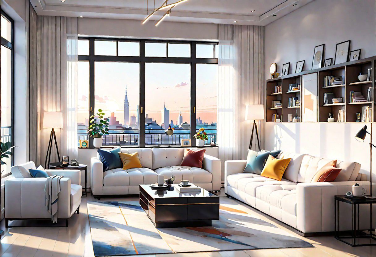 ((front view)), Shallow scene, ((animation style)), modern-style interior, with white walls, (large windows), a  study, Sofa, coffee table, bookcase, single wall, 
warm light morning sun, (the view of the city)