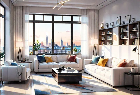((front view)), Shallow scene, ((animation style)), modern-style interior, with white walls, (large windows), a  study, Sofa, coffee table, bookcase, single wall, 
warm light morning sun, (the view of the city)
