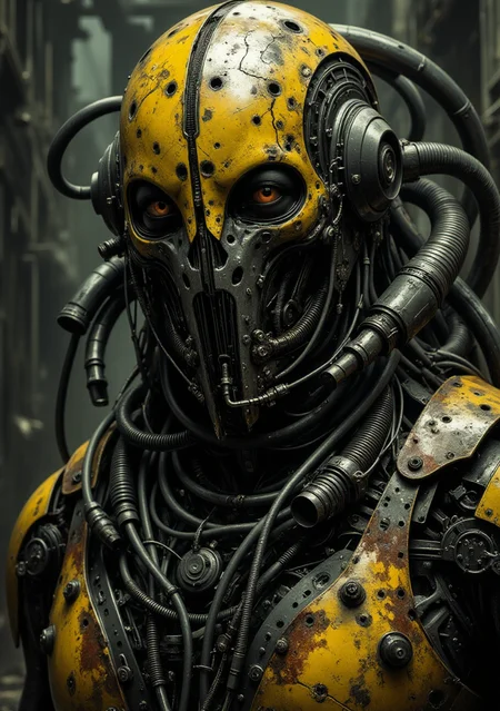 A hyper-realistic portrait of a damaged, biomechanical cyborg male, facing the viewer. His rusted, broken helmet, with peeling yellow, red, and black paint, reveals corroded metal beneath. No eyes or mouth are visible behind the split face shield. His exoskeleton fuses with alien tissue, combining decayed metal, cracked bone, and organic material. The body is covered in pipes, tubes, and cables, adding to his menacing, predator-like appearance. The background is a post-apocalyptic industrial landscape, subtly contrasting with the rusted, decayed killer machine.
<lora:artisketchyfs-v02:0.9>
<lora:Fantasy and Sci-Fi Art Flux:0.75>
<lora:The_Dark_Side_Of_The_Future:0.33>
<lora:dystopia:0.4>