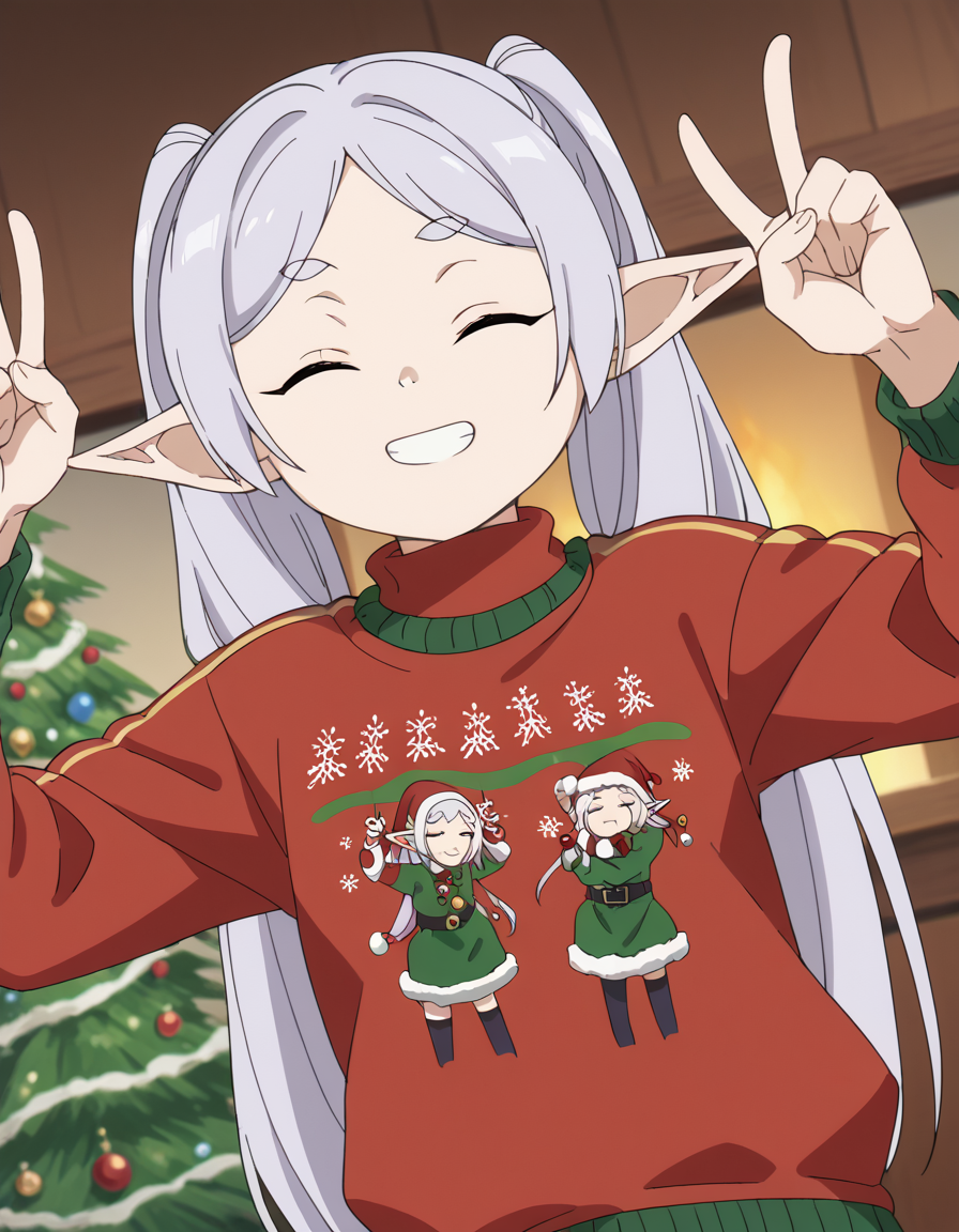 score_9, score_8_up, score_7_up, source_anime, <lora:frieren-s1-ponyxl-lora-nochekaiser:1>, frieren, long hair, twintails, green eyes, grey hair, pointy ears, elf, small breasts, anime screencap, <lora:christmas-sweater-ponyxl-lora-nochekaiser:1>, christmas sweater, christmas, ugly sweater, print sweater, red sweater, christmas tree, christmas ornaments, sweater, multicolored sweater, , v, smile, hands up, teeth, closed eyes, cowboy shot,, , dutch angle, cowboy shot