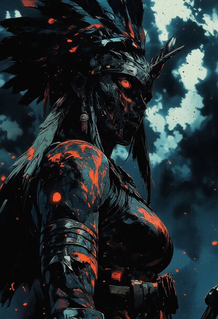 Female aztec warrior, Revenant, war paint, face paint, eye black, glowing eyes, in profile, toned arms, braided hair, battle damaged armor, large breasts, breast plate, dark and moody background, adds a dramatic tone, subtle lighting reflections, ray traced, foreshortening, particle effect, Holding a sword,