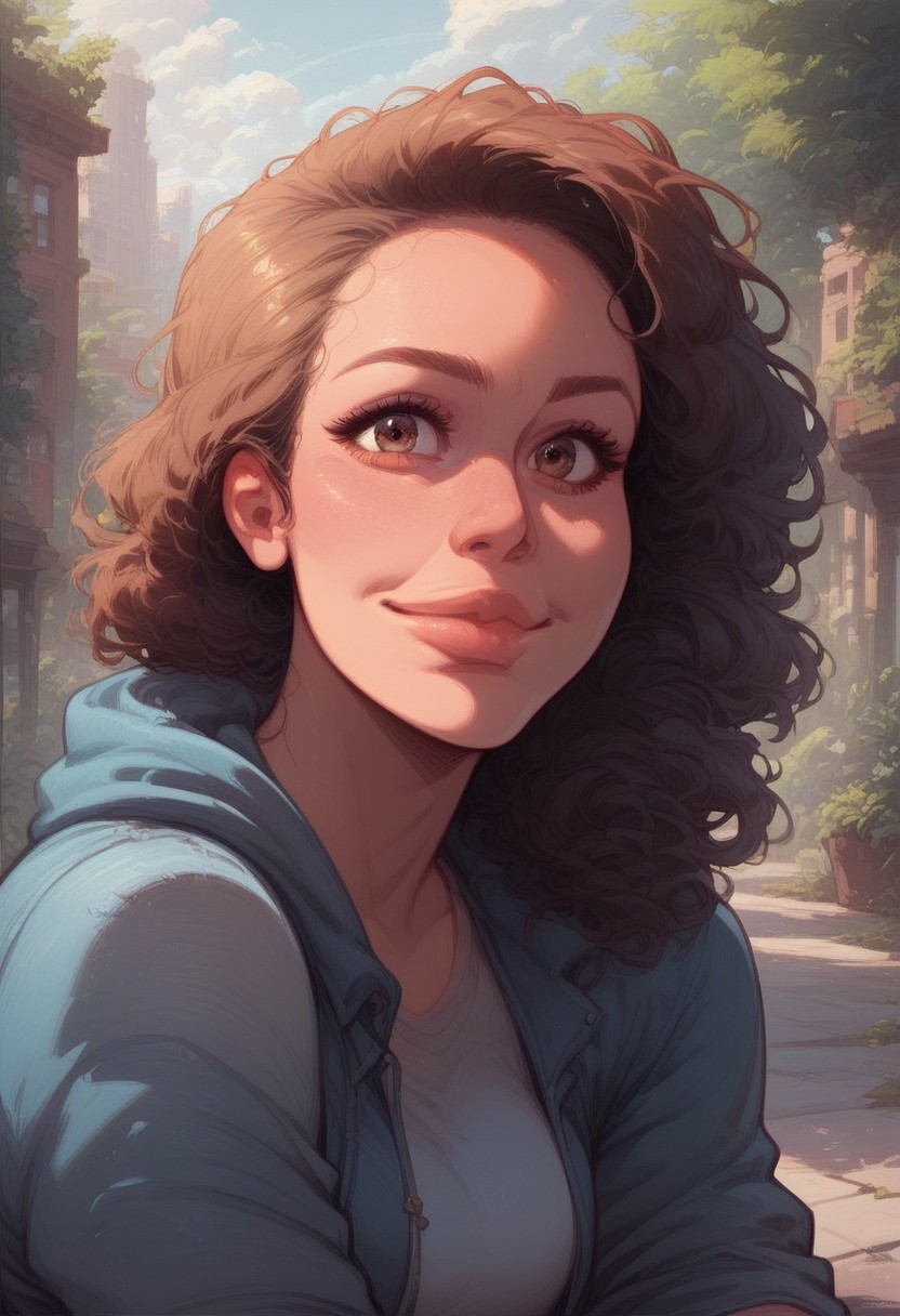 (score_9, score_8_up, score_7_up), 1girl, youthful woman, face focus, dark-haired, athletic build, sitting cross-legged, smiling warmly, brown eyes, casual blue hoodie and jeans, relaxed, close-up shot, detailed background, urban rooftop at sunset with city skyline.