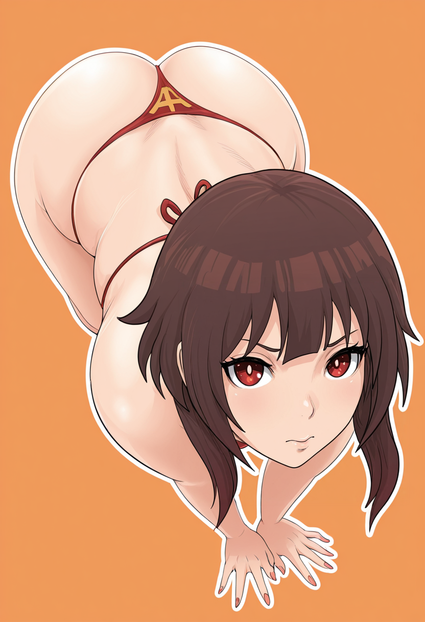 masterpiece, best quality, 
1girl, solo, 
Upside-down
megumin, brown hair, red eyes, blunt bangs  
bikini, thong, 
looking at viewer, 
simple background, Orange  background, outline, 
 <lora:raikageart:1> r41k4g34rt,