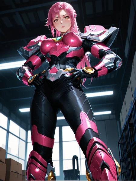 masterpiece, best quality, good quality, very aesthetic, absurdres, newest, 8K, anime screencap, detailed background, offical art, very aesthetics of fine arts, <lora:spo_sdxl_10ep_4k-data_lora_webui:1>, embedding:IllusP0s, embedding:Smooth Quality,
1girl, solo, <lora:TIANYU_IL:1>, tianyu/(ultra beast force/), pink hair, blonde eyes, enhanced eyes, lips, power armor, power boots, black bodysuit, medium breasts, chest jewel, tokusatsu, <lora:handPatchUnet:1>, detailed_hands, elegant_fingers, (cute:1.2), (sexy:1.2), Enchanting Eyes, balanced figure, looking at viewer, pouting, standing, from below, warehouse, hands on hips