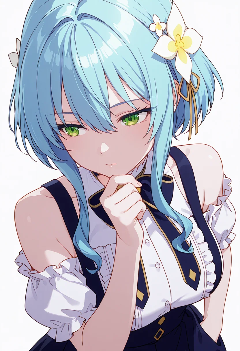 Smooth Quality,masterpiece,very intricate, high quality details, ultra realistic, high detailed skin,detailed enviorement,absurdres,
hand on own chin,
<lora:Villhaze_CNR:0.8> villhaze_cnr, 1girl,blue hair, short hair with long locks, green eyes, hair between eyes, hair flower,bare shoulders,, simple background, white background, from above,
walking pose, one hand in pocket, head slightly turned, casual stride,,, x3,, off-shoulder blouse, ,anorak, ,suspender skirt, ,