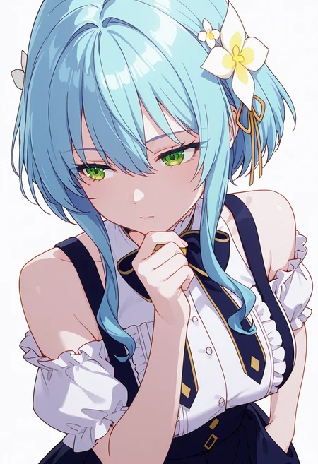 Smooth Quality,masterpiece,very intricate, high quality details, ultra realistic, high detailed skin,detailed enviorement,absurdres,
hand on own chin,
<lora:Villhaze_CNR:0.8> villhaze_cnr, 1girl,blue hair, short hair with long locks, green eyes, hair between eyes, hair flower,bare shoulders,, simple background, white background, from above,
walking pose, one hand in pocket, head slightly turned, casual stride,,, x3,, off-shoulder blouse, ,anorak, ,suspender skirt, ,