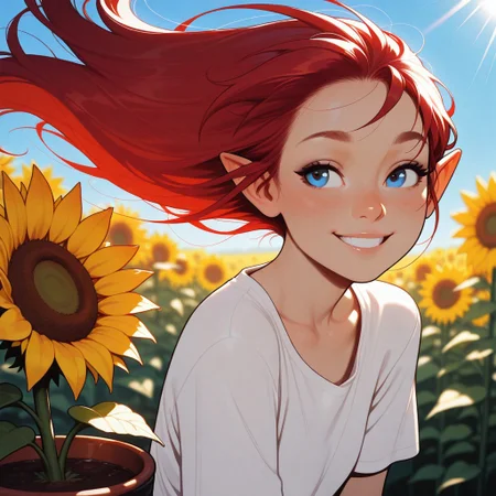HDR, 8K, high contrast, masterpiece, best quality, amazing quality, very aesthetic, newest, (artist:incase:0.5), (artist:tsuaii:0.5), flat colors, (flat colors:2), 1 half-elf girl, long loose red hair, long hair, super long hair, blue eyes, detailed eyes, beautiful eyes, blurry background, perfect eyes,
pov, close up, Innocent, big smile, floating hair, wind, holding big sunflower in pot, in front, outdoor, flower field, daytime, blue sky, sun rays, Central Composition, backlighting, volumetric lighting, highly detailed, depth of field, high saturation, masterpiece, best quality, amazing quality, very aesthetic, realistic eyes