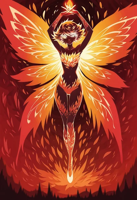score_9, score_8_up, score_7_up, TKMND, Anime Style, Full Body Shot, neon, red theme, orange theme, fire fairy, cute, seductive, light smile:0.3, plump lips, slender body, french bob copper hair, silver eyes, intricate, big detailed flaming wings, symmetrical wings, glowing, magic, arms raised, dynamic pose, dramatic angle, chromatic aberration, colorful, bright colors, moonlight passing through hair, enchanted forest background, detailed background,depth of field, dynamic angle, fashion photography, sharp, hyperdetailed:1.15