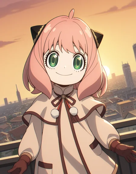 score_9, score_8_up, score_7_up, source_anime, <lora:anya-forger-movie-ponyxl-lora-nochekaiser:1>, anya forger, anya (spy x family), bangs, green eyes, pink hair, ahoge, child, female child, hairpods,, gloves, long sleeves, ribbon, brown gloves, capelet, robe,, rooftop, sunset, cityscape, quiet moment, wind blowing, contemplative, smile, , smile, solo,, cowboy shot, dutch angle,