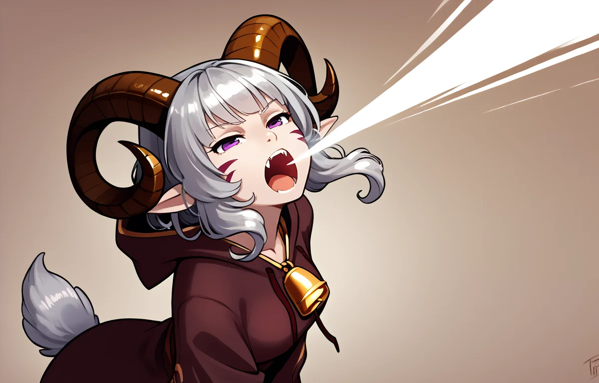<lora:breath_weapon:0.8> breath_weapon:1.5, energy_beam:1.9, breath from mouth, (green:1.4 breath) :1.4, breath_up, head up, from above ,fang, cowboy shot, dust,
solo,<lora:whisker_markings:0.8>red whisker_markings,
source_furry, score_7_up, rating_safe, gold necklace, tiefing, short pointed ears, brown horns, (a pair of brown sheep Horns that begin at her temples and curve back: 1.5), bangs, long silver hair long wavy hair, pale skin, short pointy ears, purple eyes, <lora:age_slider_v4:0.6> medium breasts, skinny female, silver hair, <lora:Tieflingnew weird fantasyDND:0.3> Tiefling, pointed ears, horns, half-closed eyes<lora:Smooth Style 2 SDXL_LoRA_Pony Diffusion V6 XL:0.5> bell, robe, hood off <lora:energy_beam:0.7>