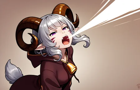 <lora:breath_weapon:0.8> breath_weapon:1.5, energy_beam:1.9, breath from mouth, (green:1.4 breath) :1.4, breath_up, head up, from above ,fang, cowboy shot, dust,
solo,<lora:whisker_markings:0.8>red whisker_markings,
source_furry, score_7_up, rating_safe, gold necklace, tiefing, short pointed ears, brown horns, (a pair of brown sheep Horns that begin at her temples and curve back: 1.5), bangs, long silver hair long wavy hair, pale skin, short pointy ears, purple eyes, <lora:age_slider_v4:0.6> medium breasts, skinny female, silver hair, <lora:Tieflingnew weird fantasyDND:0.3> Tiefling, pointed ears, horns, half-closed eyes<lora:Smooth Style 2 SDXL_LoRA_Pony Diffusion V6 XL:0.5> bell, robe, hood off <lora:energy_beam:0.7>