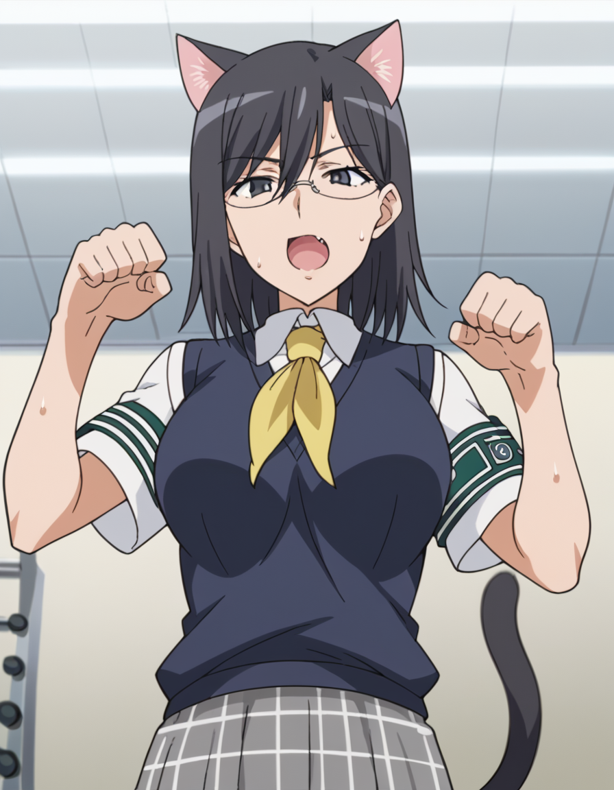 score_9, score_8_up, score_7_up, source_anime, <lora:mii-konori-s1-ponyxl-lora-nochekaiser:1>, mii konori, short hair, black hair, black eyes, glasses, hair between eyes, mature female, anime screencap,, skirt, school uniform, plaid skirt, armband, sweater vest, neckerchief, yellow neckerchief, green armband, pleated skirt,, gym, weights, machines, people, sweat, , <lora:paw-pose-ponyxl-lora-nochekaiser:1>, paw pose, cat ears, cat tail, animal ears, tail, cat girl, open mouth, fang, whiskers,, looking at viewer, solo,, dutch angle, cowboy shot