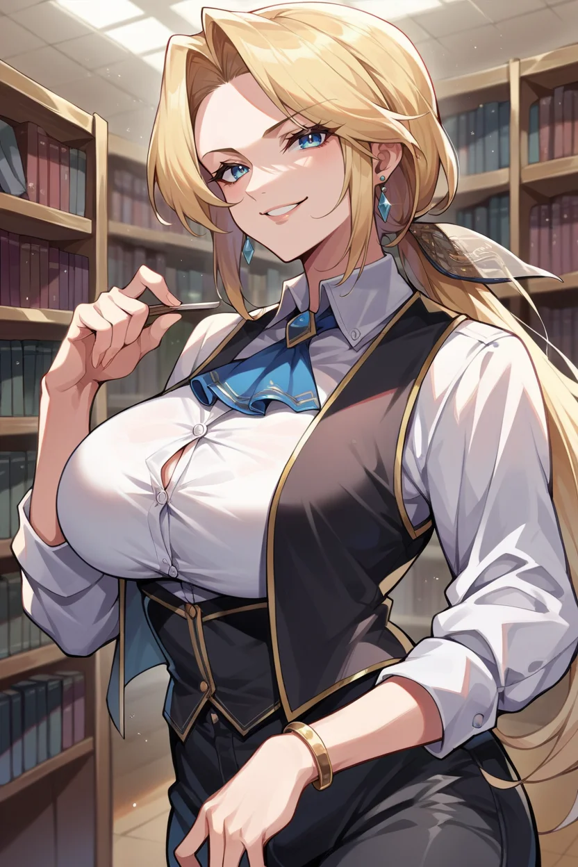 score_9, score_8_up, score_7_up, score_6_up, source_anime, BREAK 1girl, solo <lora:doahelena-pdxl-nvwls-v1-000006:0.9> doaHelena, low ponytail, earrings, large breasts, black vest, ascot, white shirt, black pants, library, looking at you, smile, large breasts