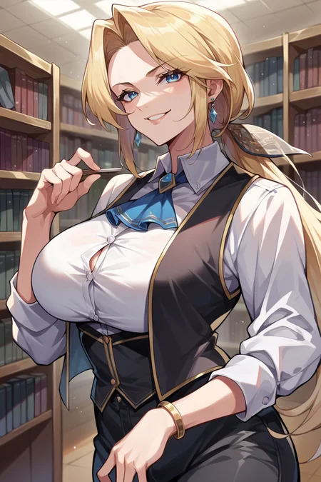 score_9, score_8_up, score_7_up, score_6_up, source_anime, BREAK 1girl, solo <lora:doahelena-pdxl-nvwls-v1-000006:0.9> doaHelena, low ponytail, earrings, large breasts, black vest, ascot, white shirt, black pants, library, looking at you, smile, large breasts