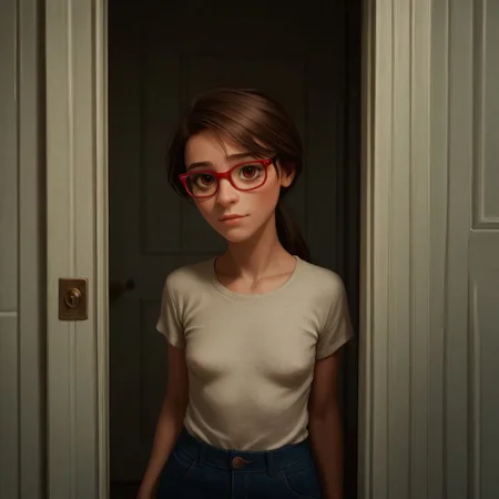 score_9, score_8_up, score_7_up, score_6_up, score_5_up, score_4_up, 1girl, Ji_llA, red framed eyewear, ponytail, portrait, small saggy breasts, older woman, leaning against a doorway, sexy pose, content look